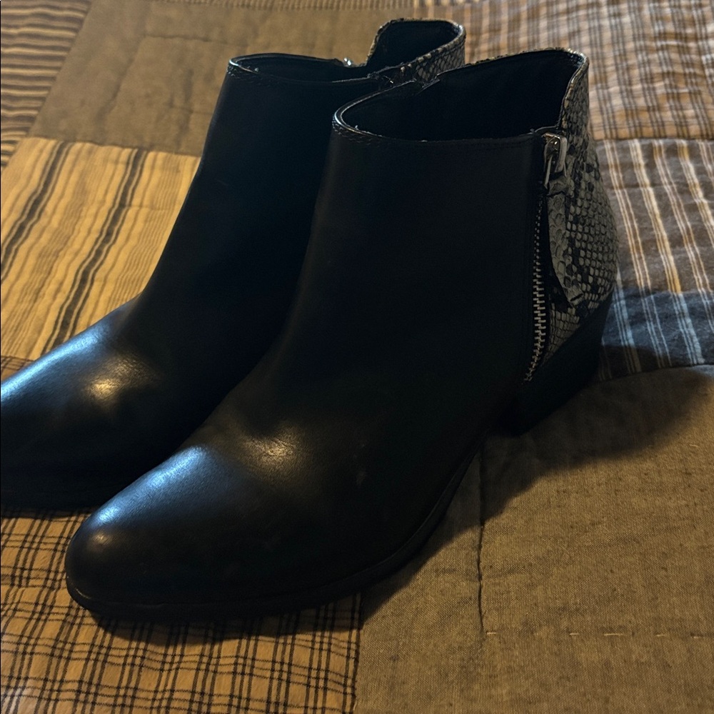 Black Ankle Boots with Snake-Print Heel Panel - Women's - Picture 3 of 5